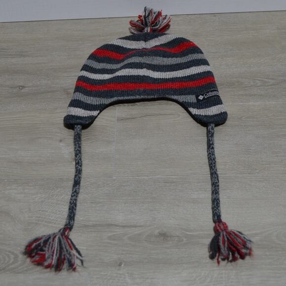 Columbia Woman's Knit Winter Beanie with Tassels Gray Red & Cream OSFM - Picture 2 of 6